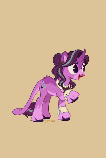 Size: 1369x2048 | Tagged: safe, artist:vreskah, derpibooru import, starlight glimmer, classical unicorn, pony, unicorn, beige background, cloven hooves, coat markings, cuffs (clothes), facial markings, female, horn, image, leonine tail, mare, mealy mouth (coat marking), open mouth, open smile, pale belly, png, redesign, shirtless shirt collar, simple background, smiling, socks (coat marking), solo, unshorn fetlocks