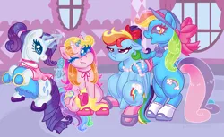 Size: 3000x1830 | Tagged: safe, artist:leopardsnaps, derpibooru import, rainbow dash, rainbow dash (g3), rarity, rarity (g3), earth pony, pegasus, pony, unicorn, g3, bipedal, clothes, cute, dress, g3 to g4, g4, generation leap, group, grumpy, horn, image, jewelry, looking at each other, looking at someone, necklace, png, pouting, quartet, rainbow dash always dresses in style, screencap background, shoes, sitting, socks