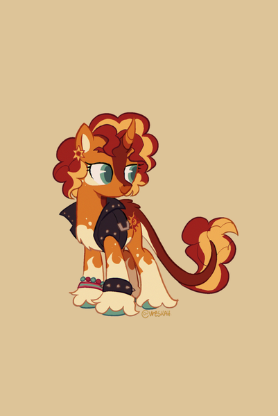 Size: 1369x2048 | Tagged: safe, artist:vreskah, derpibooru import, sunset shimmer, classical unicorn, pony, unicorn, beige background, blaze (coat marking), bracelet, clothes, cloven hooves, coat markings, ear piercing, earring, facial markings, female, horn, image, jewelry, leather, leather vest, leonine tail, lidded eyes, mare, pale belly, piercing, png, redesign, simple background, smiling, socks (coat marking), solo, spiked wristband, unshorn fetlocks, vest, wristband