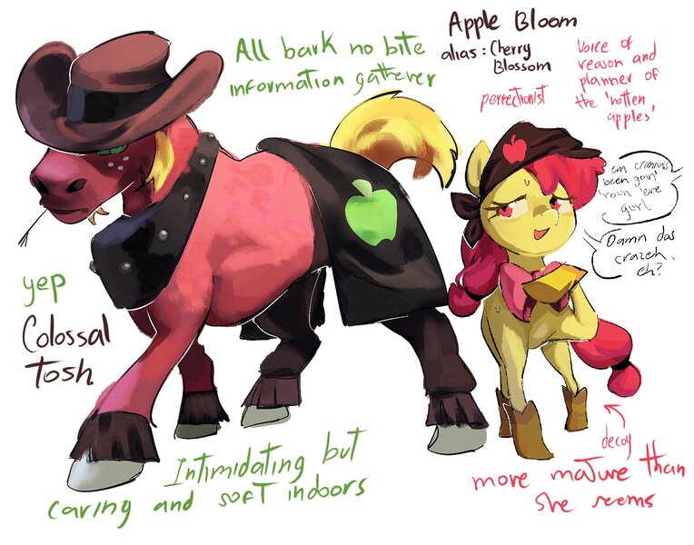 Size: 2048x1608 | Tagged: safe, artist:guarimbasmrd, derpibooru import, apple bloom, big macintosh, earth pony, pony, alternate timeline, bandana, boots, clothes, concave belly, cowboy hat, dialogue, duo, eternal night au (janegumball), female, filly, foal, hat, height difference, hoof shoes, horse collar, image, jpeg, male, nightmare takeover timeline, shoes, simple background, size difference, stallion, straw in mouth, sweat, white background
