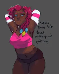 Size: 1325x1661 | Tagged: suggestive, artist:guarimbasmrd, derpibooru import, pinkie pie, human, arm warmers, armpits, belly button, bra, breasts, chubby, cleavage, clothes, crop top bra, dark skin, female, g4, gender headcanon, gray background, hot pants, humanized, image, jpeg, nose piercing, nose ring, piercing, simple background, solo, solo female, trans female, transgender, underwear