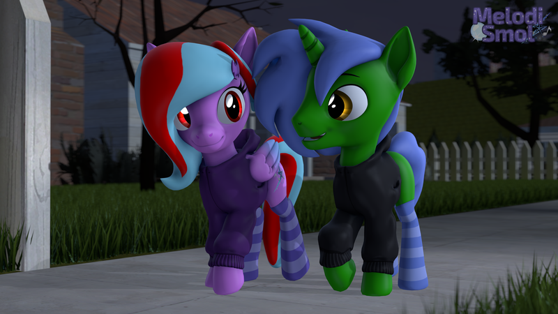 Size: 3840x2160 | Tagged: safe, artist:melodismol, derpibooru import, oc, oc:omega(phosphorshy), oc:star beats, pegasus, pony, unicorn, 3d, clothes, fence, grass, high res, hoodie, horn, image, looking at each other, looking at someone, melodiphosphor, night, oc x oc, png, shipping, sidewalk, socks, source filmmaker, talking, tree, walking