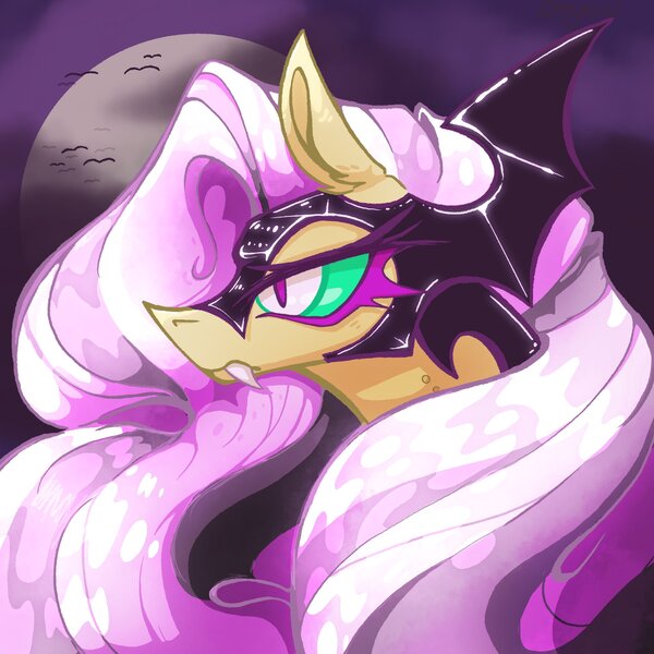 Size: 2048x2048 | Tagged: safe, artist:rad_parrot, derpibooru import, fluttershy, bat, bat pony, pony, alternate timeline, bat ponified, ear fluff, eternal night au (janegumball), fangs, female, flutterbat, full moon, helmet, image, jpeg, mare, moon, nightmare fluttershy, nightmare takeover timeline, nightmarified, race swap, slit pupils, solo