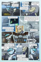 Size: 2079x3142 | Tagged: safe, artist:captainhoers, derpibooru import, oc, oc:charger, oc:concorde, unofficial characters only, pegasus, pony, comic:stardust:the sky belongs to no one, cockpit, comic, dialogue, duo, headset, high res, image, jpeg, lightning, male, nonbinary, offspring, parent:soarin', parent:spitfire, parents:soarinfire, plane, shivering, simulator, speech bubble, stallion
