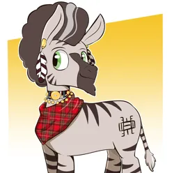 Size: 2388x2368 | Tagged: safe, artist:spakka5, derpibooru import, oc, oc:zenawi, unofficial characters only, zebra, clothes, commissioner:quaggalicious, gradient background, image, plaid, png, scarf, solo, zebra oc