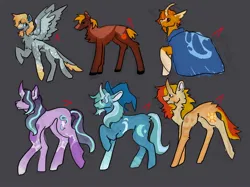 Size: 2048x1535 | Tagged: safe, artist:rad_parrot, derpibooru import, big macintosh, derpy hooves, starlight glimmer, sunburst, sunset shimmer, trixie, earth pony, pegasus, pony, unicorn, alternate design, chest fluff, cloak, clothes, curved horn, facial hair, female, g4, goatee, hat, horn, image, jpeg, male, mare, simple background, stallion, trixie's hat, twitterina design