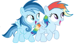 Size: 1400x863 | Tagged: safe, derpibooru import, oc, oc:ragtag, oc:shooting star, pegasus, pony, female, filly, foal, image, offspring, parent:rainbow dash, parent:soarin', parents:soarindash, png, siblings, simple background, transparent background, twins