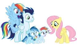 Size: 3812x2235 | Tagged: safe, derpibooru import, fluttershy, rainbow dash, soarin', oc, oc:ragtag, oc:shooting star, pegasus, pony, female, filly, foal, image, male, mare, offspring, parent:rainbow dash, parent:soarin', parents:soarindash, png, shipping, siblings, simple background, soarindash, stallion, straight, transparent background, twins