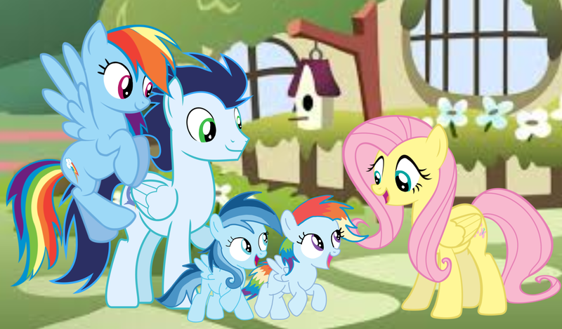 Size: 3812x2235 | Tagged: safe, derpibooru import, fluttershy, rainbow dash, soarin', oc, oc:ragtag, oc:shooting star, pegasus, pony, female, filly, foal, image, male, mare, offspring, parent:rainbow dash, parent:soarin', parents:soarindash, png, shipping, siblings, soarindash, stallion, straight, twins