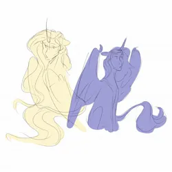 Size: 2048x2048 | Tagged: safe, artist:hiyacolly, derpibooru import, princess celestia, princess luna, alicorn, pony, colored sketch, curved horn, duo, female, g4, horn, image, jpeg, leonine tail, mare, missing accessory, simple background, sitting, sketch, tail, white background