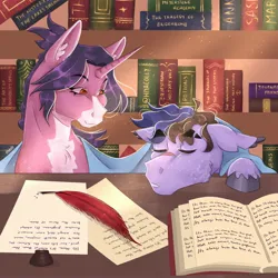 Size: 2048x2048 | Tagged: safe, artist:hiyacolly, derpibooru import, oc, unofficial characters only, earth pony, pony, unicorn, blanket, book, bookshelf, chest fluff, duo, ear fluff, ear tufts, female, horn, image, inkwell, jpeg, male, mare, quill, scar, stallion