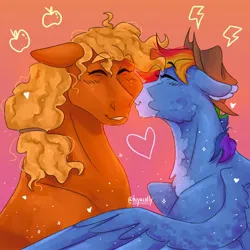 Size: 2048x2048 | Tagged: safe, artist:hiyacolly, derpibooru import, applejack, rainbow dash, earth pony, pegasus, pony, accessory swap, alternate design, appledash, chest fluff, duo, female, freckles, gradient background, image, jpeg, lesbian, mare, nuzzling, shipping, spread wings, wings