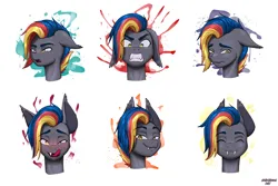 Size: 3000x2000 | Tagged: safe, artist:wolfmask, derpibooru import, oc, oc:dreaming dusk, unofficial characters only, bat pony, ahegao, angry, expressions, image, open mouth, png, sad, signature, simple background, smiling, smug, solo, sparkles, teeth, tongue out