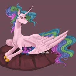 Size: 2048x2048 | Tagged: safe, artist:hiyacolly, derpibooru import, princess celestia, twilight sparkle, alicorn, pony, unicorn, alternate universe, curved horn, duo, female, filly, foal, hair bun, horn, image, jpeg, large wings, lying down, mare, momlestia, parent:princess celestia, prone, simple background, size difference, sleeping, slender, sternocleidomastoid, tall, thin, unicorn twilight, wings
