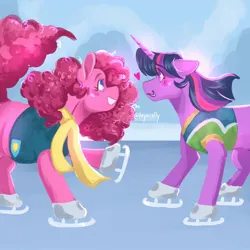 Size: 2048x2048 | Tagged: safe, artist:hiyacolly, derpibooru import, pinkie pie, twilight sparkle, earth pony, pony, unicorn, blushing, clothes, duo, female, floating heart, heart, ice skating, image, jpeg, lesbian, looking at each other, looking at someone, mare, scarf, shipping, twinkie, unicorn twilight