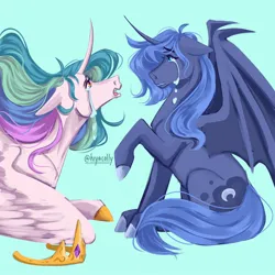Size: 2048x2048 | Tagged: safe, artist:hiyacolly, derpibooru import, princess celestia, princess luna, alicorn, pony, bat wings, crying, curved horn, duo, female, g4, horn, image, jewelry, jpeg, lying down, mare, prone, regalia, simple background, sitting, slit pupils, wings