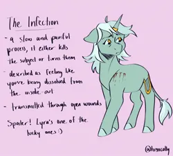 Size: 2048x1843 | Tagged: semi-grimdark, artist:hiyacolly, derpibooru import, lyra heartstrings, pony, unicorn, alternate universe, bite mark, female, g4, horn, horn ring, image, implied lesbian, implied lyrabon, implied shipping, infected, injured, jewelry, jpeg, leonine tail, mare, mlp infection, pink background, ring, simple background, solo, tail, text