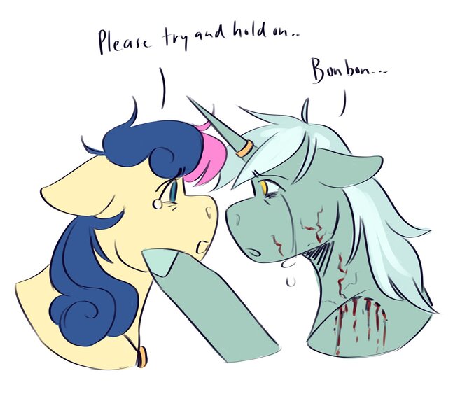Size: 2048x1843 | Tagged: semi-grimdark, artist:hiyacolly, derpibooru import, bon bon, lyra heartstrings, sweetie drops, earth pony, pony, unicorn, alternate universe, crying, dialogue, duo, female, g4, horn, horn ring, image, infected, jewelry, jpeg, lesbian, lyrabon, mare, mlp infection, necklace, ring, sad, shipping, simple background