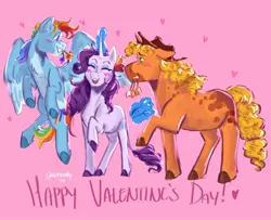Size: 2048x1661 | Tagged: safe, artist:hiyacolly, derpibooru import, applejack, rainbow dash, rarity, earth pony, pegasus, pony, unicorn, alternate design, applejack's hat, blushing, cowboy hat, facial markings, female, floating heart, flower, flower in hair, flying, happy valentines day, hat, heart, holiday, horn, image, jpeg, lesbian, magic, mare, mealy mouth (coat marking), mouth hold, pink background, polyamory, rarijackdash, shipping, simple background, telekinesis, valentine's day