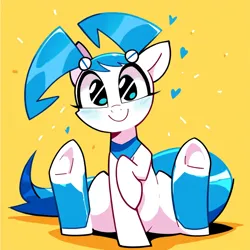 Size: 1024x1024 | Tagged: safe, ai content, derpibooru import, machine learning generated, novelai, prompter:funnystargalloper, stable diffusion, ponified, earth pony, pony, robot, robot pony, blushing, female, heart, image, jenny wakeman, looking at you, mare, my life as a teenage robot, pigtails, png, raised hoof, simple background, sitting, smiling, solo, yellow background