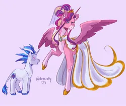 Size: 2048x1720 | Tagged: safe, artist:hiyacolly, derpibooru import, princess cadance, shining armor, alicorn, pony, blushing, chest fluff, choker, clothes, coat markings, dress, female, g4, heart, heart eyes, height difference, hoof shoes, image, jewelry, jpeg, leonine tail, male, mare, meme, physique difference, regalia, simple background, slender, stallion, tail, tall, the bride and the ugly ass groom, thin, wedding dress, wingding eyes