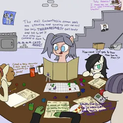 Size: 2000x2000 | Tagged: safe, artist:notawriteranon, derpibooru import, oc, oc:anon, oc:dot matrix, oc:floor bored, oc:goldie mops, oc:taku, unofficial characters only, human, pony, basement, dungeons and dragons, image, pen and paper rpg, png, rpg