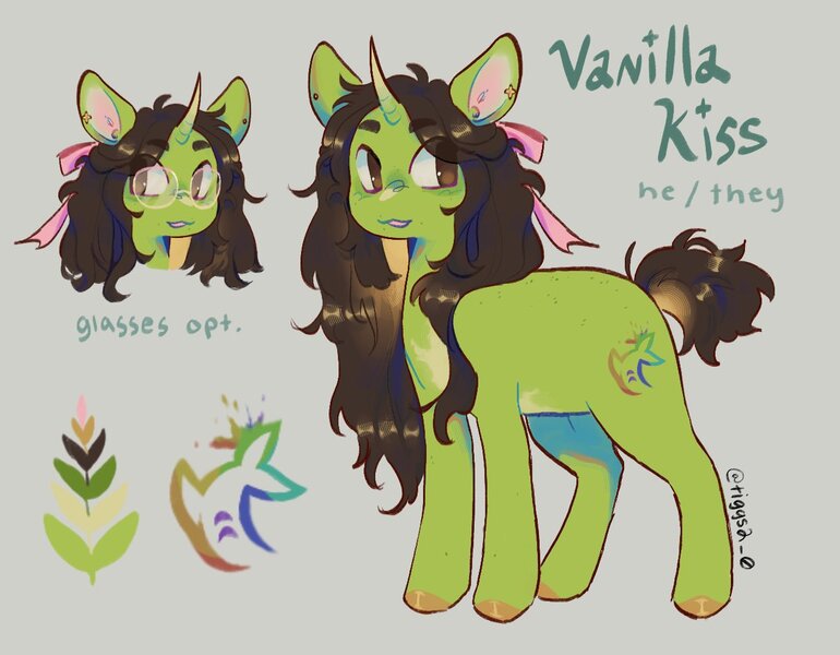 Size: 1300x1013 | Tagged: safe, artist:tiggs2_0, derpibooru import, oc, oc:vanilla kiss, unofficial characters only, pony, unicorn, bow, curved horn, ear piercing, earring, glasses, hair bow, horn, image, jewelry, jpeg, male, piercing, reference sheet, simple background, solo, stallion