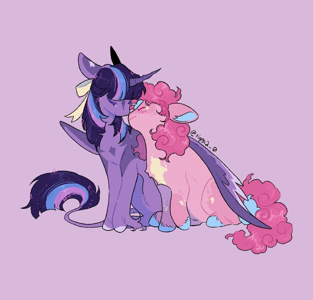 Size: 2048x1962 | Tagged: safe, artist:tiggs2_0, derpibooru import, pinkie pie, twilight sparkle, twilight sparkle (alicorn), alicorn, earth pony, pony, alternate design, bow, chest fluff, curved horn, duo, female, hair bow, horn, hug, image, jpeg, leonine tail, lesbian, mare, nose to nose, nuzzling, pink background, shipping, simple background, sitting, tail, twinkie, unshorn fetlocks, winghug, wings