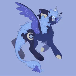 Size: 2048x2048 | Tagged: safe, artist:tiggs2_0, derpibooru import, princess luna, alicorn, pony, alternate design, blue background, chest fluff, curved horn, female, g4, horn, image, jewelry, jpeg, leonine tail, looking at you, looking back, looking back at you, mare, regalia, simple background, slit pupils, solo, spread wings, tail, wings