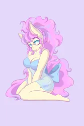 Size: 1365x2048 | Tagged: suggestive, artist:mscolorsplash, derpibooru import, oc, unofficial characters only, anthro, earth pony, plantigrade anthro, pony, big breasts, bow, breasts, busty oc, cleavage, clothes, female, glasses, image, kneeling, lidded eyes, lingerie, mare, nightgown, png, purple background, round glasses, see-through, simple background, solo, solo female