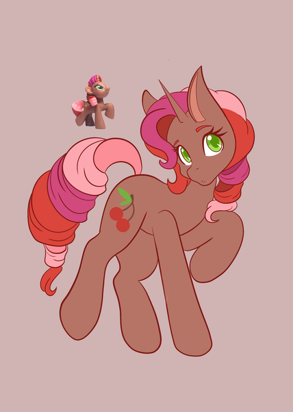 Size: 1462x2048 | Tagged: safe, artist:mscolorsplash, derpibooru import, cherry spices, pony, unicorn, brown background, colored pupils, female, horn, image, mare, png, simple background, solo, standing on two hooves, toy
