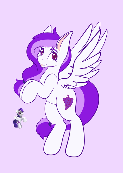 Size: 1462x2048 | Tagged: safe, artist:mscolorsplash, derpibooru import, sugar grape, pegasus, pony, colored pupils, female, flying, image, looking at you, mare, png, purple background, simple background, smiling, smiling at you, solo, spread wings, tongue out, toy interpretation, wings