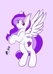 Size: 1462x2048 | Tagged: safe, artist:mscolorsplash, derpibooru import, sugar grape, pegasus, pony, colored pupils, female, flying, image, looking at you, mare, png, purple background, simple background, smiling, smiling at you, solo, spread wings, tongue out, toy interpretation, wings