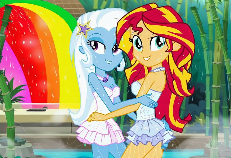 Size: 1216x832 | Tagged: safe, ai content, derpibooru import, machine learning generated, prompter:tiamatnightmare, sunset shimmer, trixie, human, equestria girls, clothes, dress, female, g4, humanized, image, jpeg, lesbian, shipping, suntrix, wedding dress