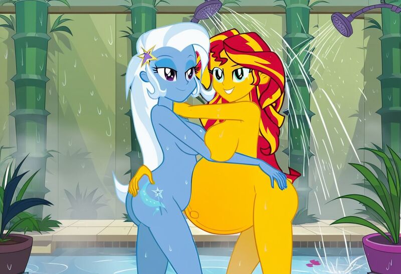 Size: 1216x832 | Tagged: questionable, ai content, derpibooru import, machine learning generated, prompter:tiamatnightmare, sunset shimmer, trixie, equestria girls, belly, big belly, female, g4, huge belly, hyper, hyper belly, hyper pregnancy, image, impossibly large belly, jpeg, lesbian, magical lesbian spawn, offspring, parent:sunset shimmer, parent:trixie, parents:suntrix, pregnant, shipping, suntrix