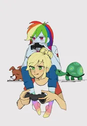 Size: 781x1127 | Tagged: safe, artist:otaku_heiwa_jp, derpibooru import, applejack, rainbow dash, tank, winona, human, tortoise, equestria girls, appledash, blushing, clothes, controller, duo, female, freckles, g4, gaming, hair bun, humanized, image, jpeg, lesbian, shipping, shirt, simple background, sleeveless, t-shirt, tongue out, white background