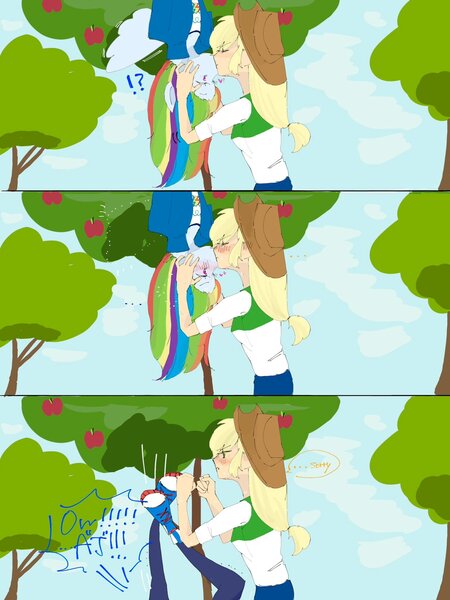 Size: 1536x2048 | Tagged: safe, artist:otaku_heiwa_jp, derpibooru import, applejack, rainbow dash, human, equestria girls, ..., apple, apple tree, appledash, applejack's hat, artificial wings, augmented, blushing, cowboy hat, dialogue, duo, exclamation point, falling, female, food, g4, hat, humanized, image, interrobang, jpeg, kiss on the lips, kissing, lesbian, magic, magic wings, orchard, question mark, shipping, speech bubble, tree, upside down, upside down kiss, winged humanization, wings