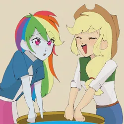 Size: 994x994 | Tagged: safe, artist:otaku_heiwa_jp, derpibooru import, applejack, rainbow dash, human, equestria girls, apple bobbing, appledash, blushing, duo, female, freckles, g4, humanized, image, jpeg, laughing, lesbian, shipping, simple background