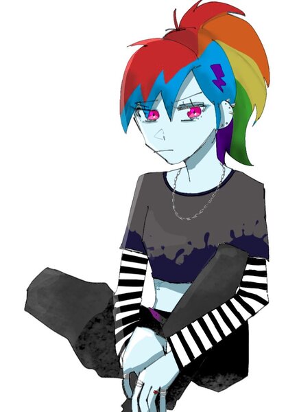 Size: 839x1155 | Tagged: safe, artist:otaku_heiwa_jp, derpibooru import, rainbow dash, human, equestria girls, clothes, ear piercing, earring, emo, female, g4, hairclip, humanized, image, jewelry, jpeg, necklace, piercing, ring, short shirt, solo