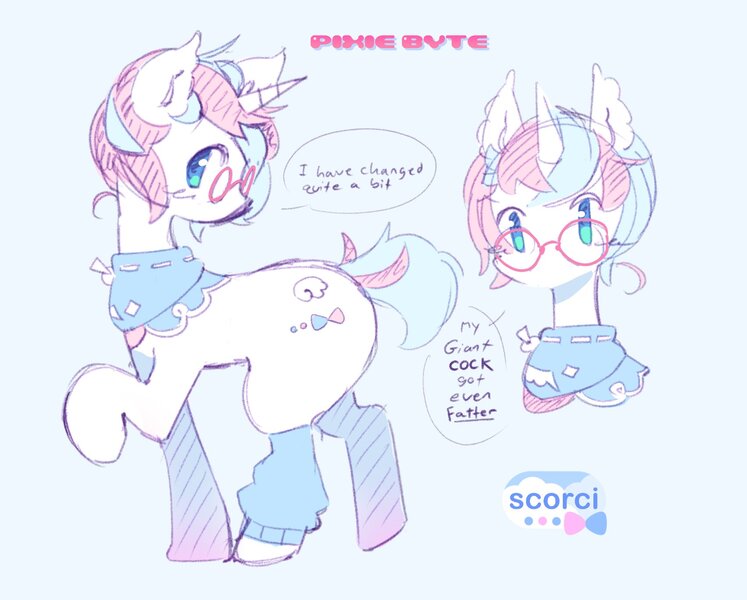 Size: 1707x1371 | Tagged: suggestive, artist:scorci, derpibooru import, oc, oc:pixie byte, unofficial characters only, pony, unicorn, clothes, cute, glasses, horn, image, jpeg, simple background, solo, speech bubble, unicorn oc