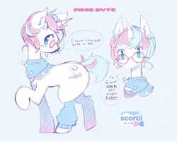 Size: 1707x1371 | Tagged: suggestive, artist:scorci, derpibooru import, oc, oc:pixie byte, unofficial characters only, pony, unicorn, clothes, cute, glasses, horn, image, jpeg, simple background, solo, speech bubble, unicorn oc