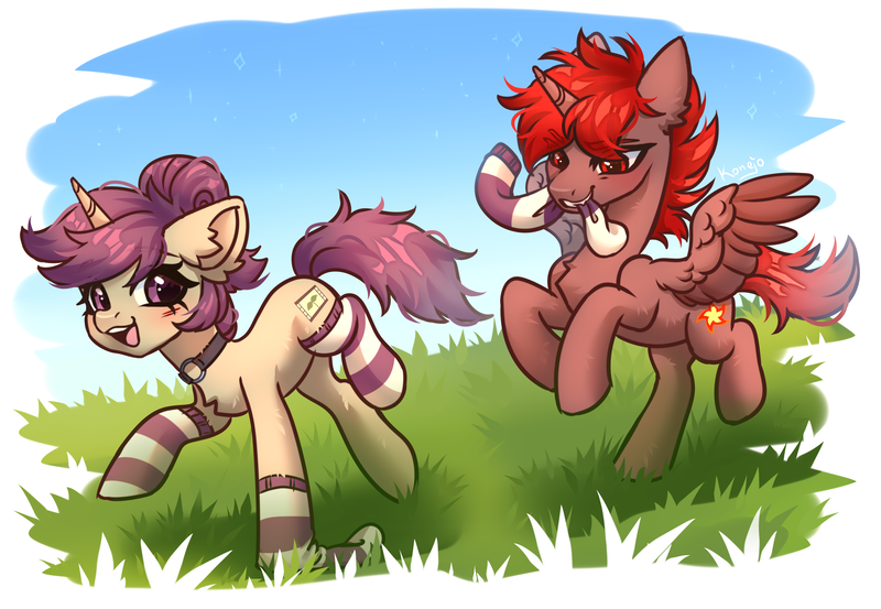 Size: 4961x3430 | Tagged: safe, artist:konejo, derpibooru import, oc, oc:hardy, oc:lavrushka, alicorn, pony, unicorn, chest fluff, clothes, duo, ear fluff, female, grass, happy, horn, image, male, mare, png, running, socks, spread wings, stallion, wings, young