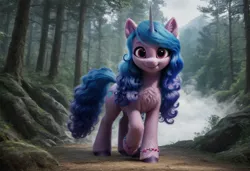 Size: 1216x832 | Tagged: safe, ai content, derpibooru import, machine learning generated, prompter:kluknawa235, stable diffusion, izzy moonbow, unicorn, g5, chest fluff, cloud, cloudy, ear fluff, fog, forest, generator:pony diffusion v6 xl, horn, image, jpeg, looking at you, nature, smiling, sunset, tree