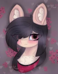 Size: 1452x1864 | Tagged: safe, artist:sodapop sprays, derpibooru import, oc, earth pony, pony, blushing, bust, chest fluff, ear fluff, eye clipping through hair, freckles, hair over one eye, image, looking at you, png, ponysona, solo