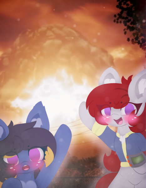 Size: 4096x5264 | Tagged: safe, artist:sodapop sprays, derpibooru import, oc, oc:skyfire lumia, bat pony, pegasus, pony, atomic bomb, bat pony oc, bat wings, blushing, chest fluff, clothes, ear fluff, fallout, image, meme, nuclear weapon, pipboy, png, suit, this will end in death, weapon, wings