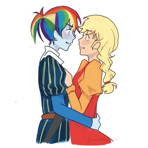 Size: 2160x2160 | Tagged: safe, artist:vanillasa1tt, derpibooru import, applejack, rainbow dash, human, equestria girls, appledash, blushing, duo, female, freckles, g4, image, jpeg, lesbian, looking at each other, looking at someone, shipping, simple background, white background