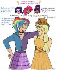 Size: 1080x1350 | Tagged: safe, artist:vanillasa1tt, derpibooru import, applejack, pinkie pie, rainbow dash, rarity, human, equestria girls, friendship through the ages, ancient wonderbolts uniform, appledash, blushing, choker, clothes, country applejack, dress, duo, ear piercing, earring, female, freckles, g4, glasses, hat, human coloration, image, jacket, jewelry, jpeg, lesbian, looking at each other, looking at someone, moderate dark skin, new wave pinkie, pianist twilight, piercing, rainbow punk, sgt. rarity, shipping, thought bubble