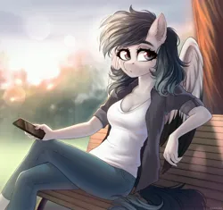 Size: 3300x3100 | Tagged: safe, artist:hakaina, derpibooru import, oc, unofficial characters only, anthro, pegasus, bench, breasts, cleavage, clothes, colored wings, ear fluff, female, image, jacket, jpeg, mobile phone, pants, park, park bench, phone, sitting, smartphone, solo, wings