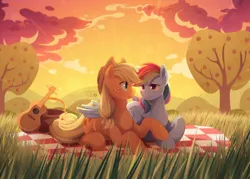 Size: 2048x1469 | Tagged: safe, artist:applesartt, derpibooru import, applejack, rainbow dash, earth pony, pegasus, pony, apple, apple tree, appledash, applejack's hat, basket, cloud, cowboy hat, crepuscular rays, duo, duo female, female, food, freckles, g4, grass, guitar, hat, hug, image, lesbian, looking at each other, looking at someone, lying down, mare, musical instrument, outdoors, picnic basket, picnic blanket, png, prone, shipping, sky, smiling, smiling at each other, tail, tree, wing blanket, winghug, wings