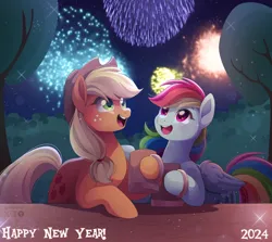 Size: 2048x1827 | Tagged: safe, artist:applesartt, derpibooru import, applejack, rainbow dash, earth pony, pegasus, pony, appledash, applejack's hat, cider mug, cowboy hat, duo, duo female, female, fireworks, folded wings, freckles, g4, happy new year, happy new year 2024, hat, holiday, image, lesbian, mare, mug, night, night sky, open mouth, open smile, outdoors, png, shipping, sky, smiling, stars, table, tail, tree, wings